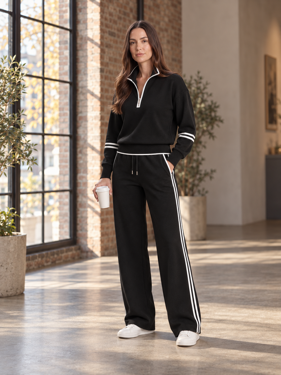 Sweatset met halve rits en wijde broek voor dames – Brenda