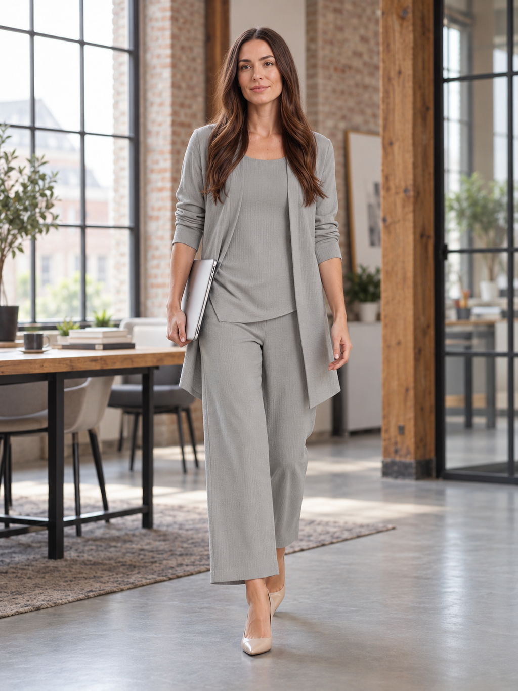 Driedelige set met vest, jasje en wijde broek voor dames – Carolien