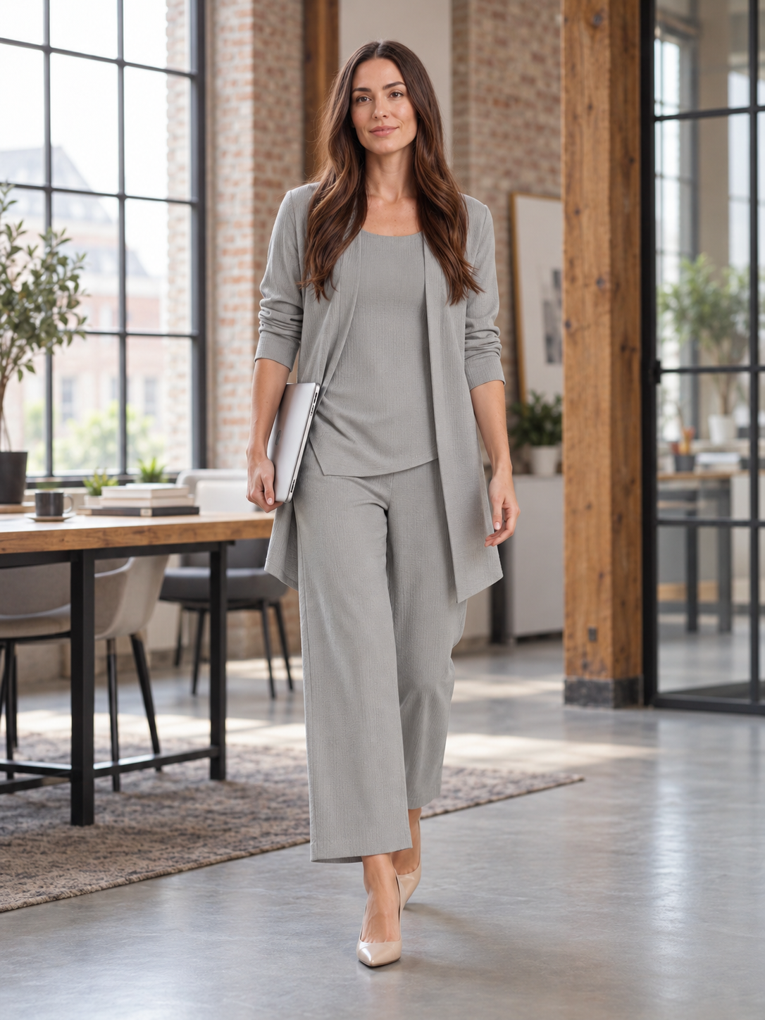 Driedelige set met vest, jasje en wijde broek voor dames – Carolien