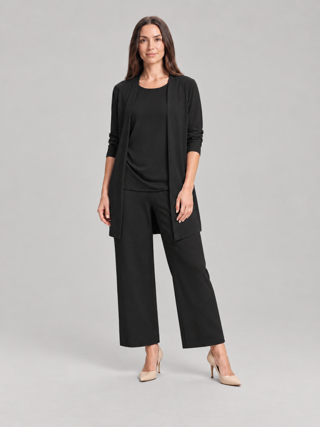Driedelige set met vest, jasje en wijde broek voor dames – Carolien