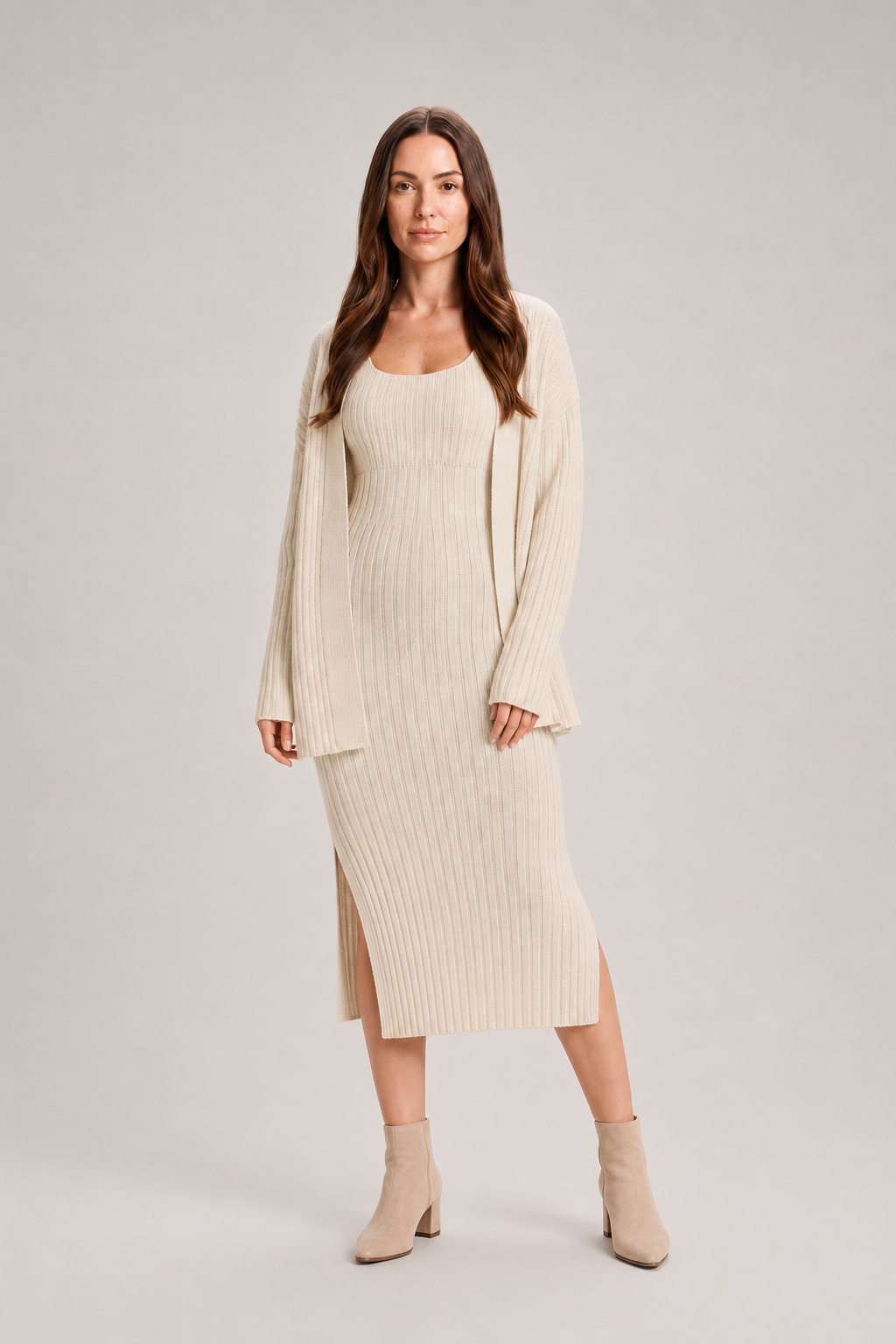 Gebreide set met lang vest en midi-jurk voor dames – Zaide