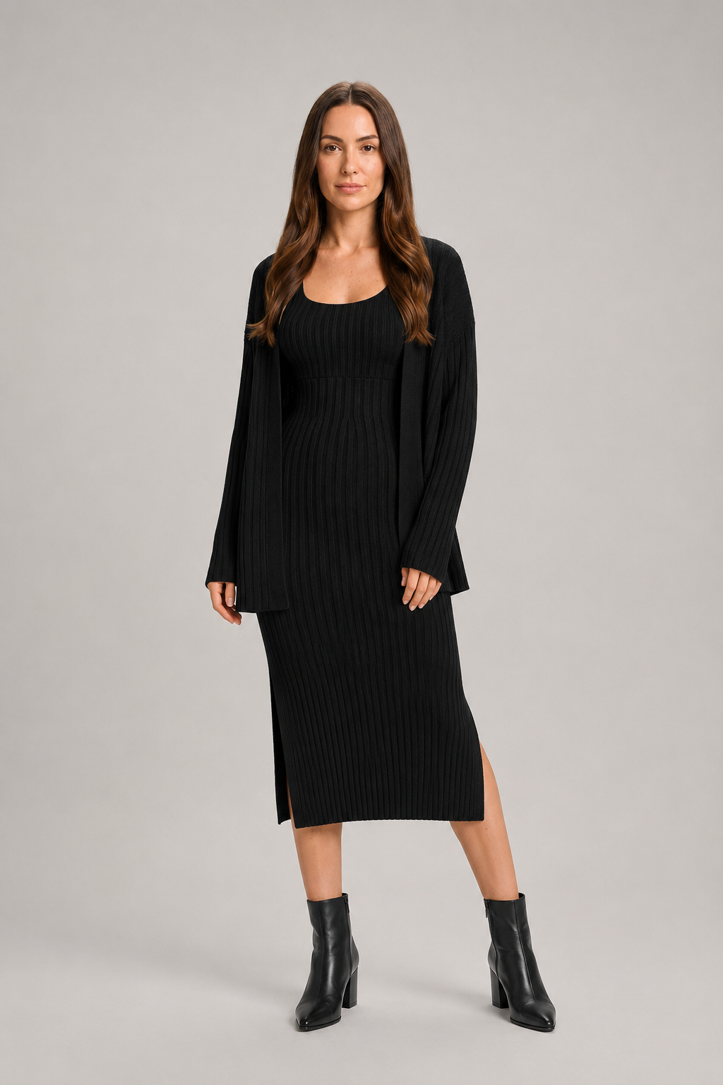 Gebreide set met lang vest en midi-jurk voor dames – Zaide