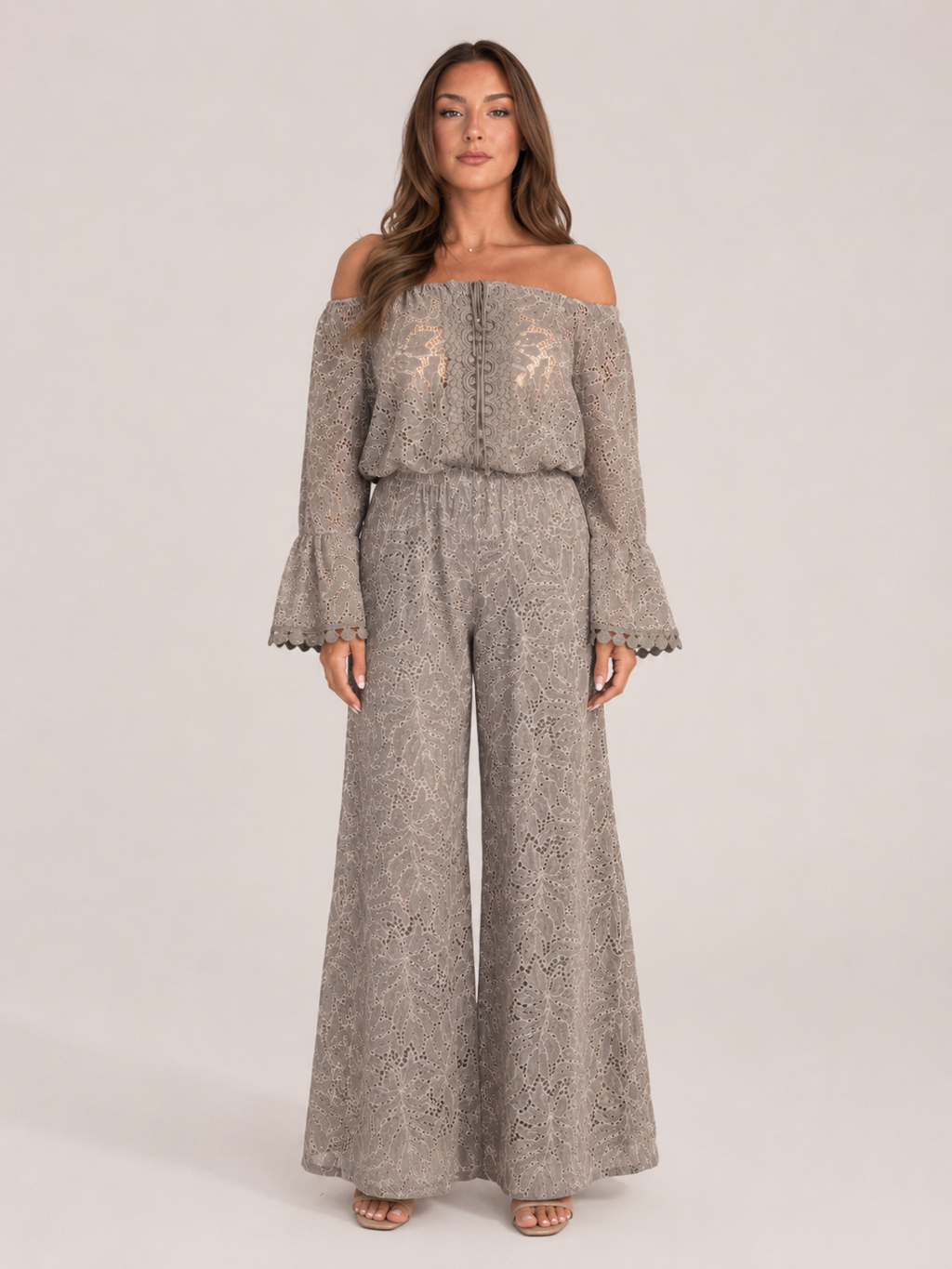 Off-shoulder kanten set met wijde broek voor dames – Malou