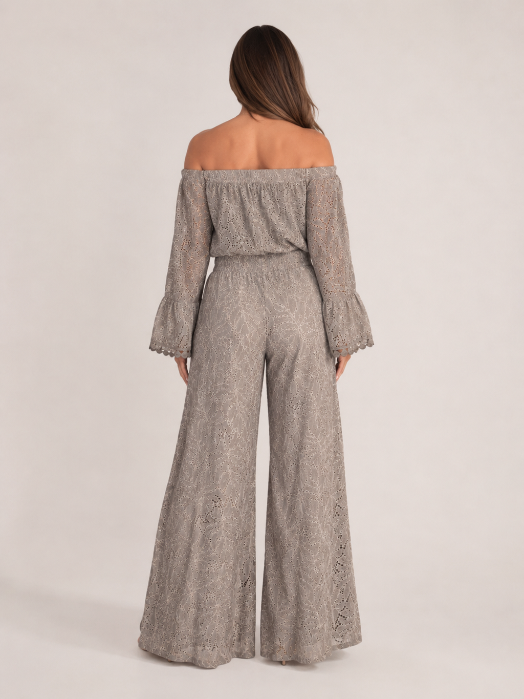 Off-shoulder kanten set met wijde broek voor dames – Malou
