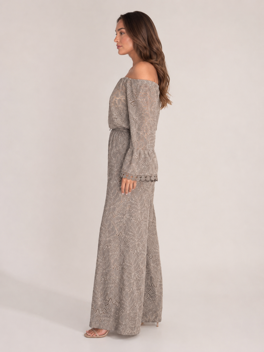 Off-shoulder kanten set met wijde broek voor dames – Malou