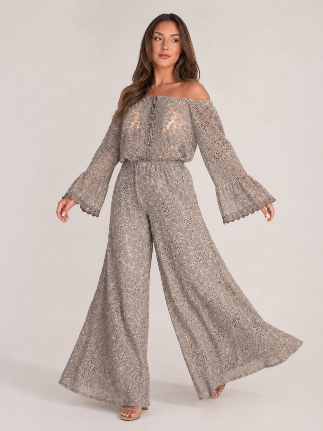 Off-shoulder kanten set met wijde broek voor dames – Malou