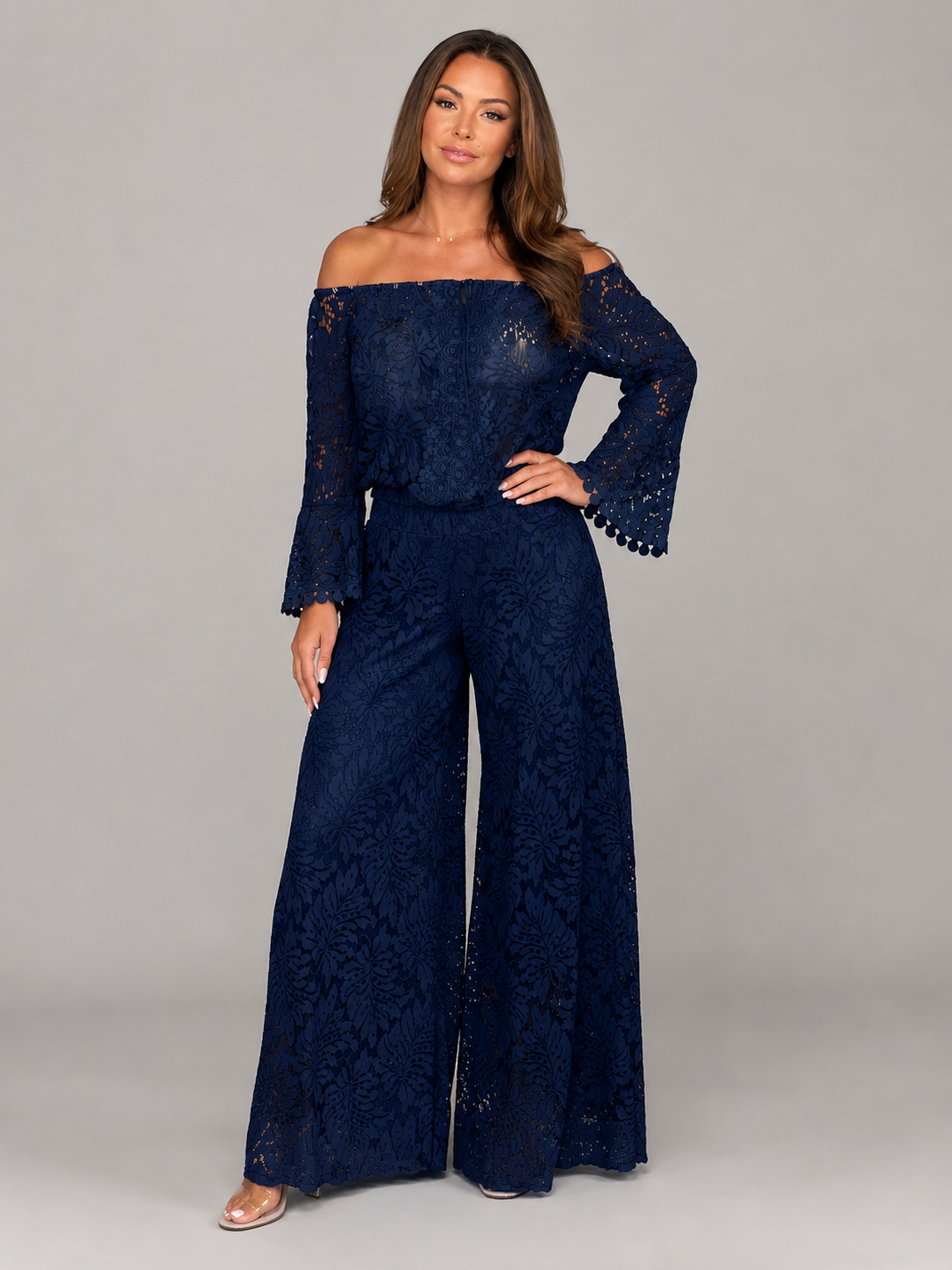 Off-shoulder kanten set met wijde broek voor dames – Malou