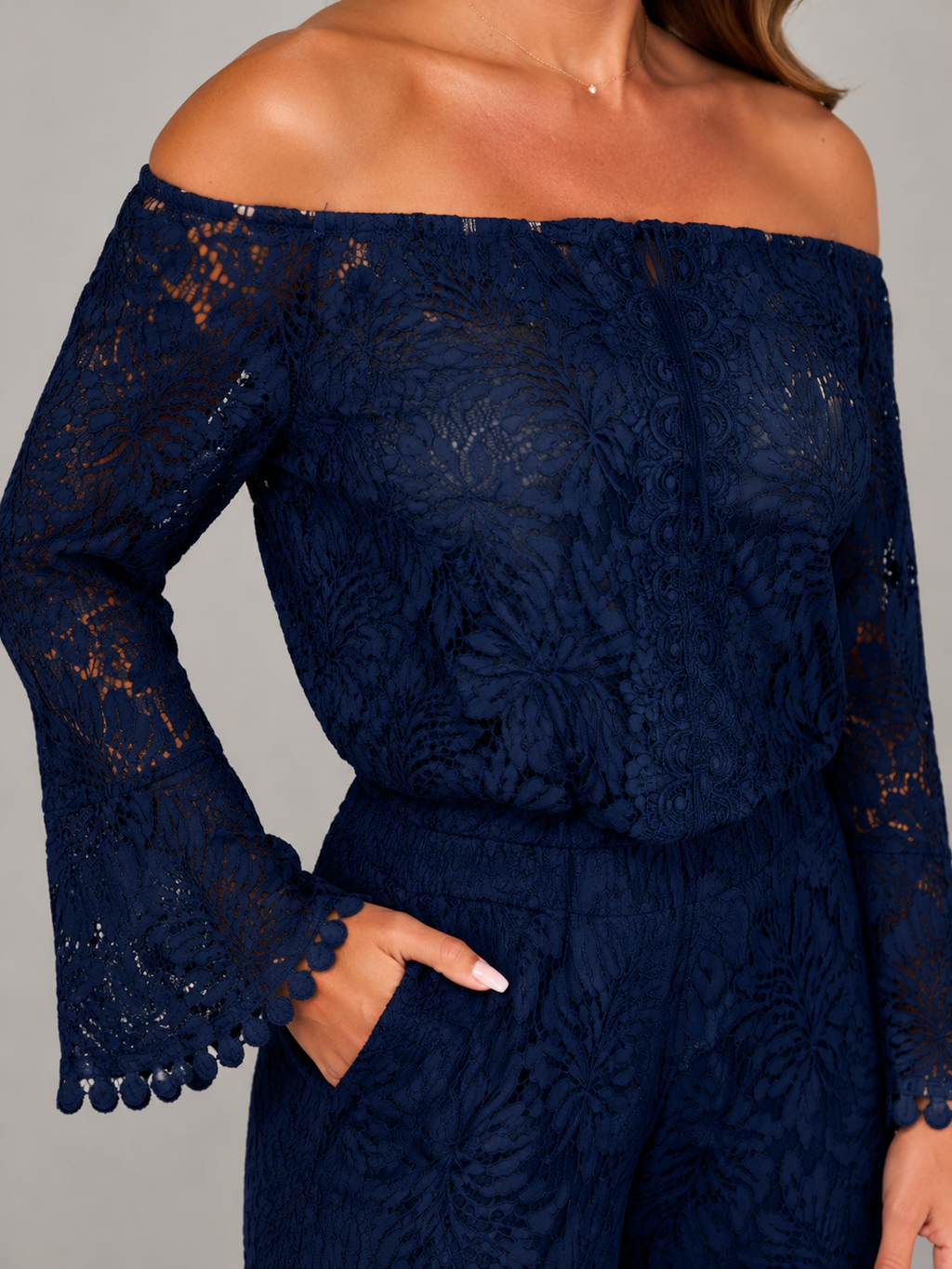 Off-shoulder kanten set met wijde broek voor dames – Malou