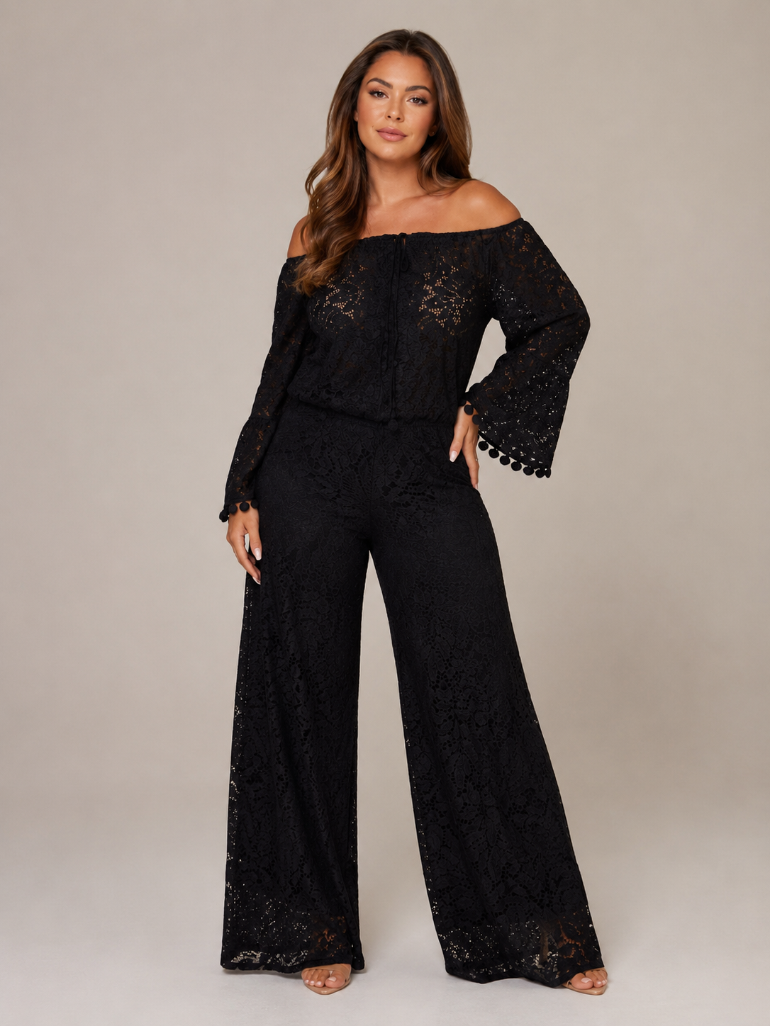 Off-shoulder kanten set met wijde broek voor dames – Malou