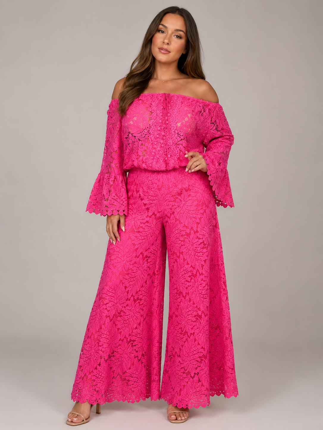 Off-shoulder kanten set met wijde broek voor dames – Malou