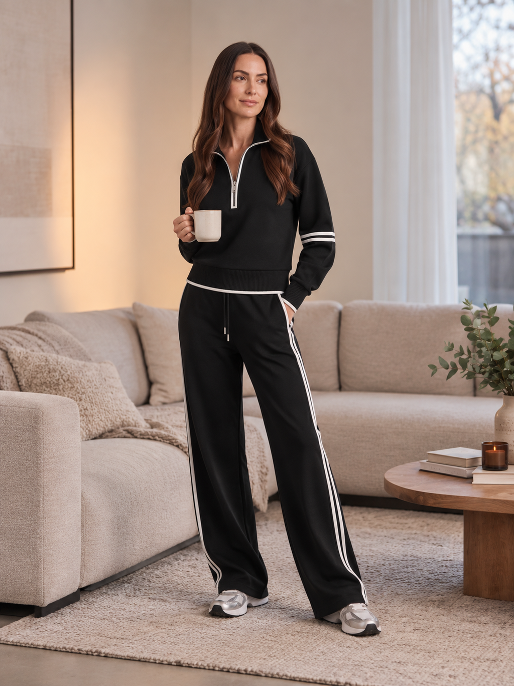 Loungeset met halve rits en contrastbiezen voor dames – Coralie